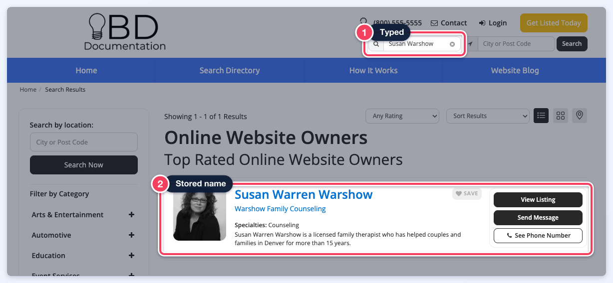 A search for Susan Warshow returning the member Susan Warren Warshow, with the typed keyword and the stored name highlighted.