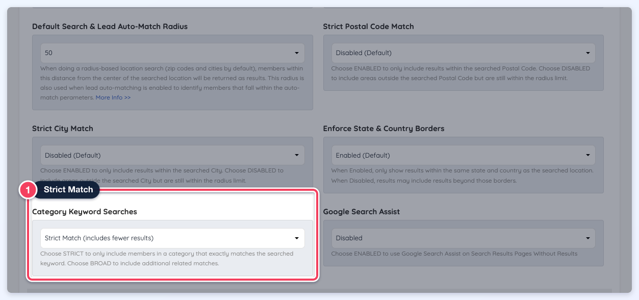 Settings, General Settings, Search Settings tab with the Category Keyword Searches setting set to Strict Match.