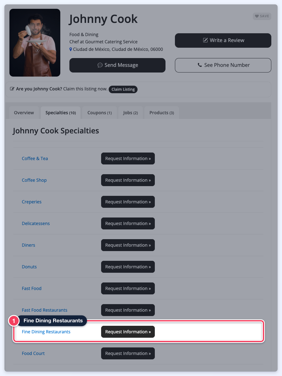 Johnny Cook's public profile on the Specialties tab, with Fine Dining Restaurants highlighted in his list of categories.