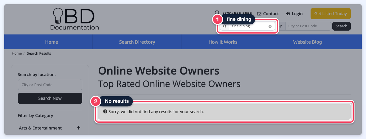 A search for fine dining under Strict Match showing the message that no results were found.