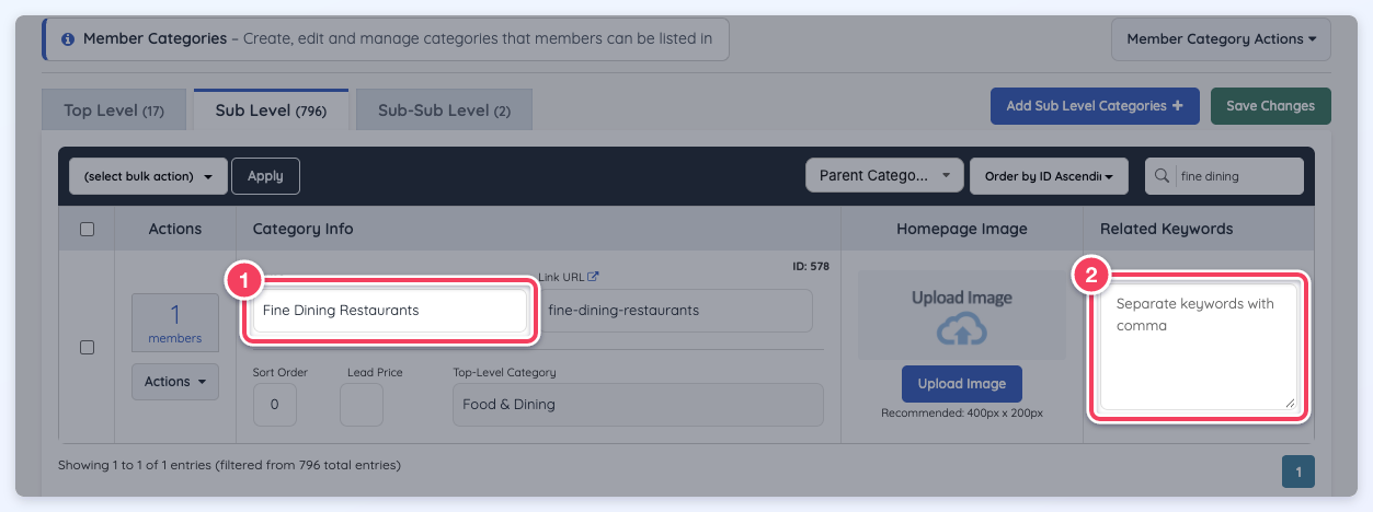 Member Categories, Sub Level tab filtered to fine dining, showing the category name Fine Dining Restaurants and an empty Related Keywords field.