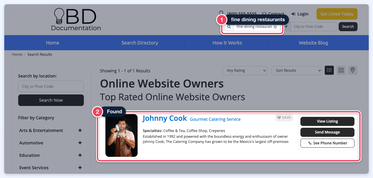 A search for fine dining restaurants under Strict Match returning Johnny Cook.