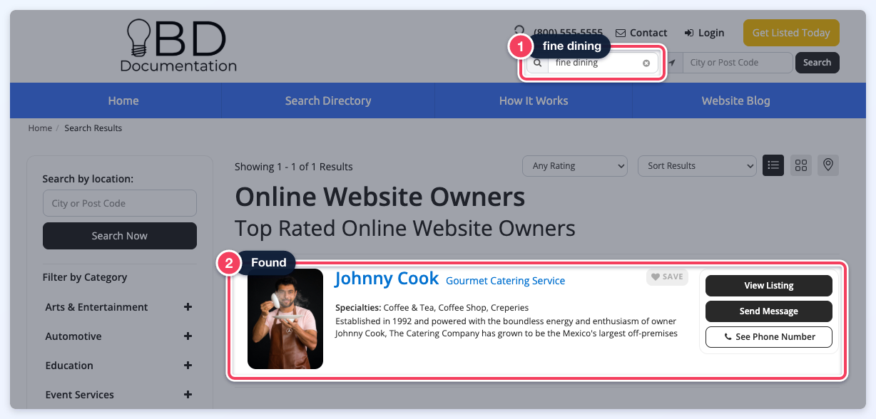 A search for fine dining under Broad Match returning Johnny Cook.