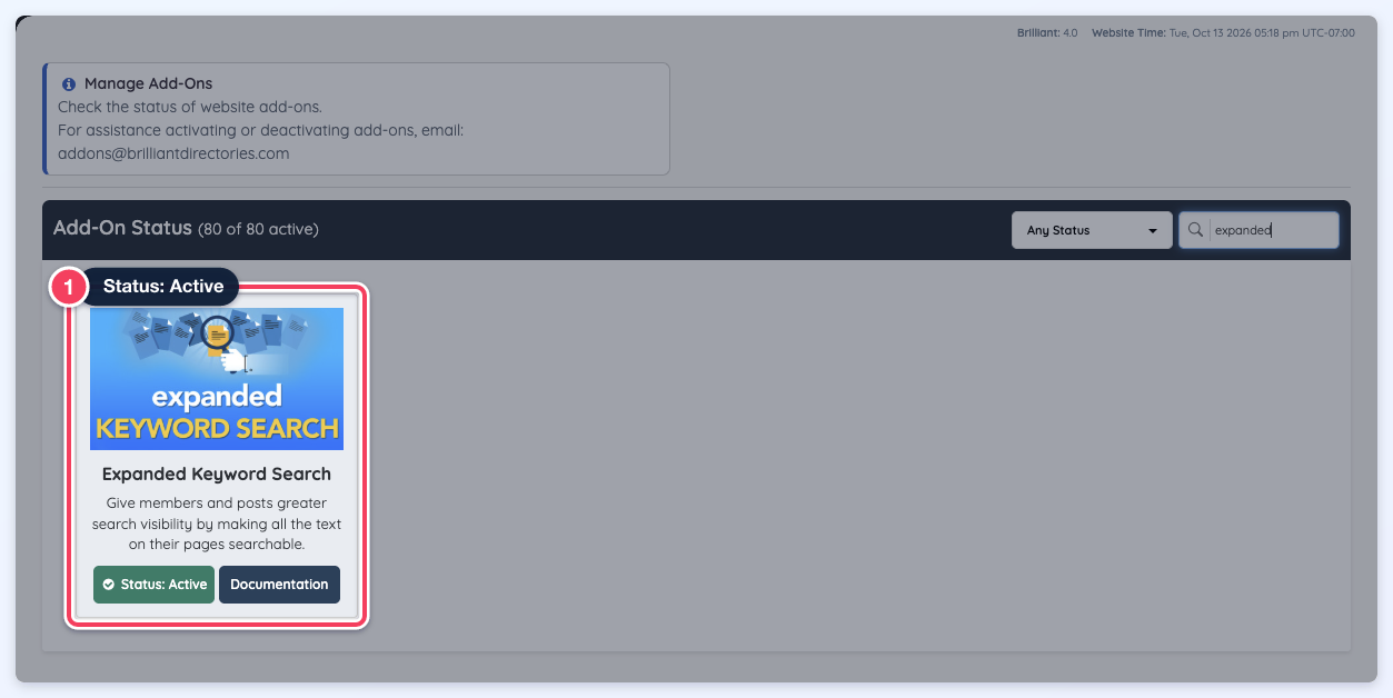Dashboard, Manage Add-Ons filtered to expanded, showing the Expanded Keyword Search add-on with Status: Active.