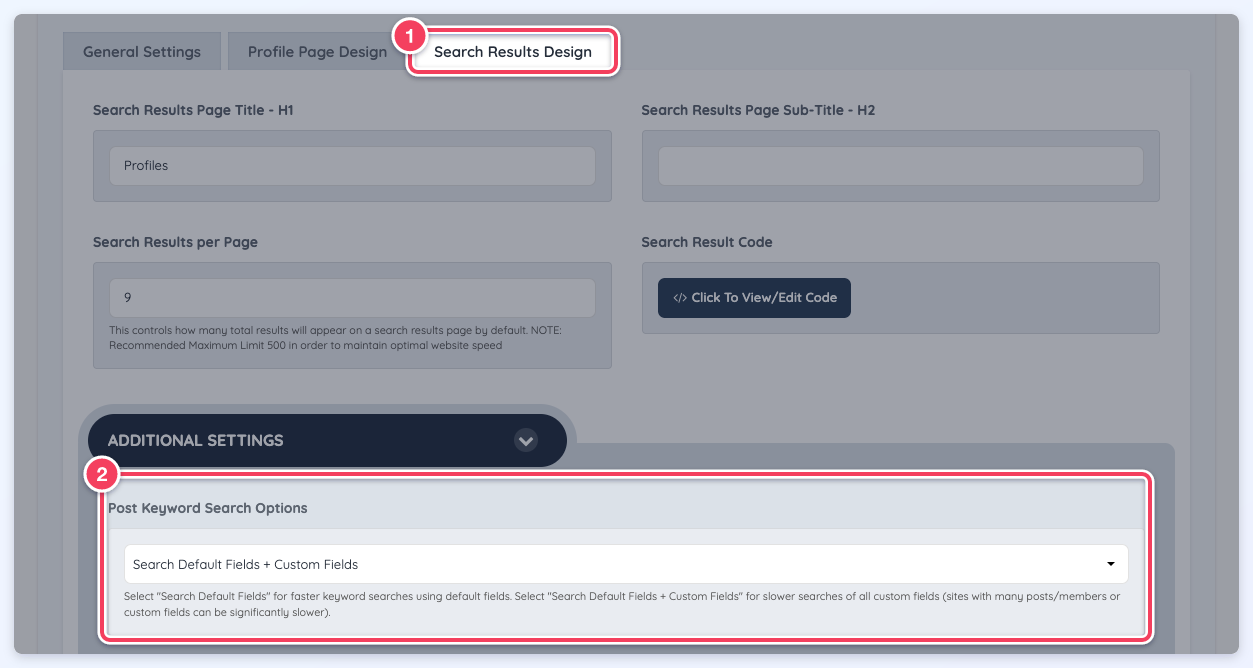 The Member Listing post type on the Search Results Design tab, with Post Keyword Search Options set to Search Default Fields + Custom Fields.