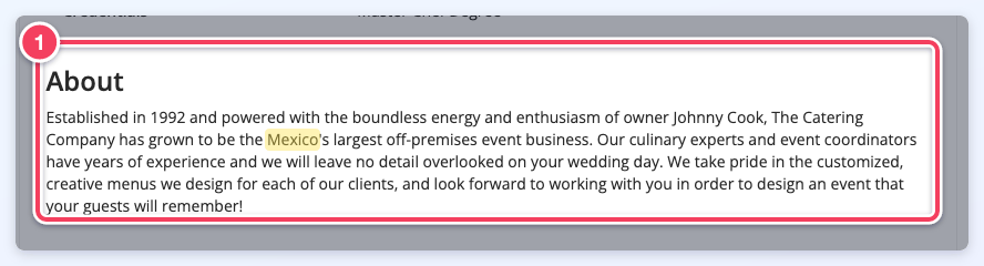 The About section of Johnny Cook's profile, with the word Mexico highlighted in the text.