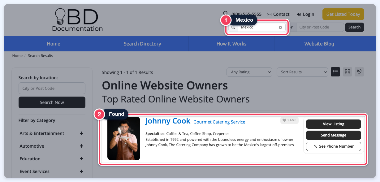 A search for Mexico returning Johnny Cook because the word appears in his About Me text.