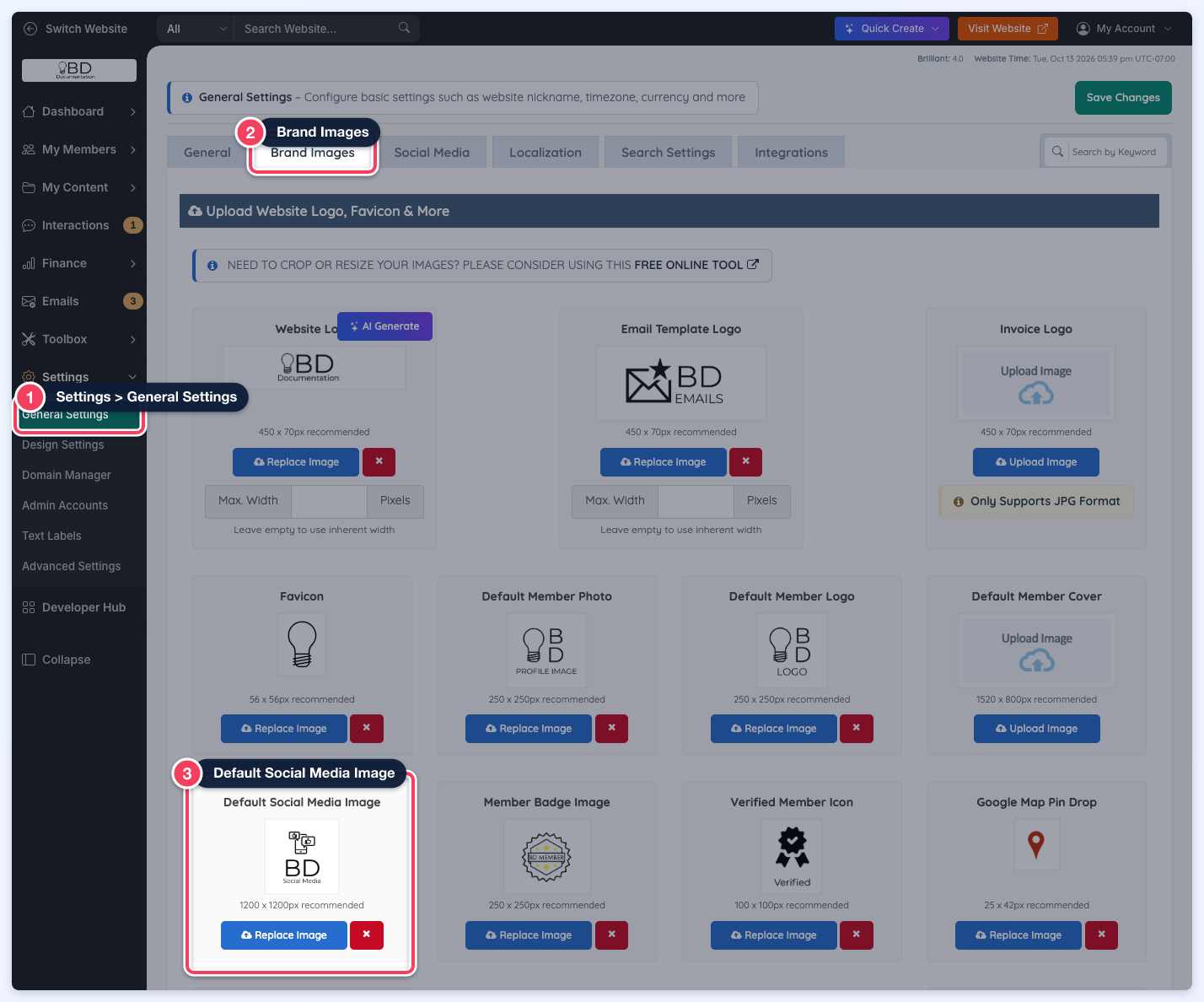 General Settings in the admin with Settings > General Settings, the Brand Images tab and the Default Social Media Image card highlighted.
