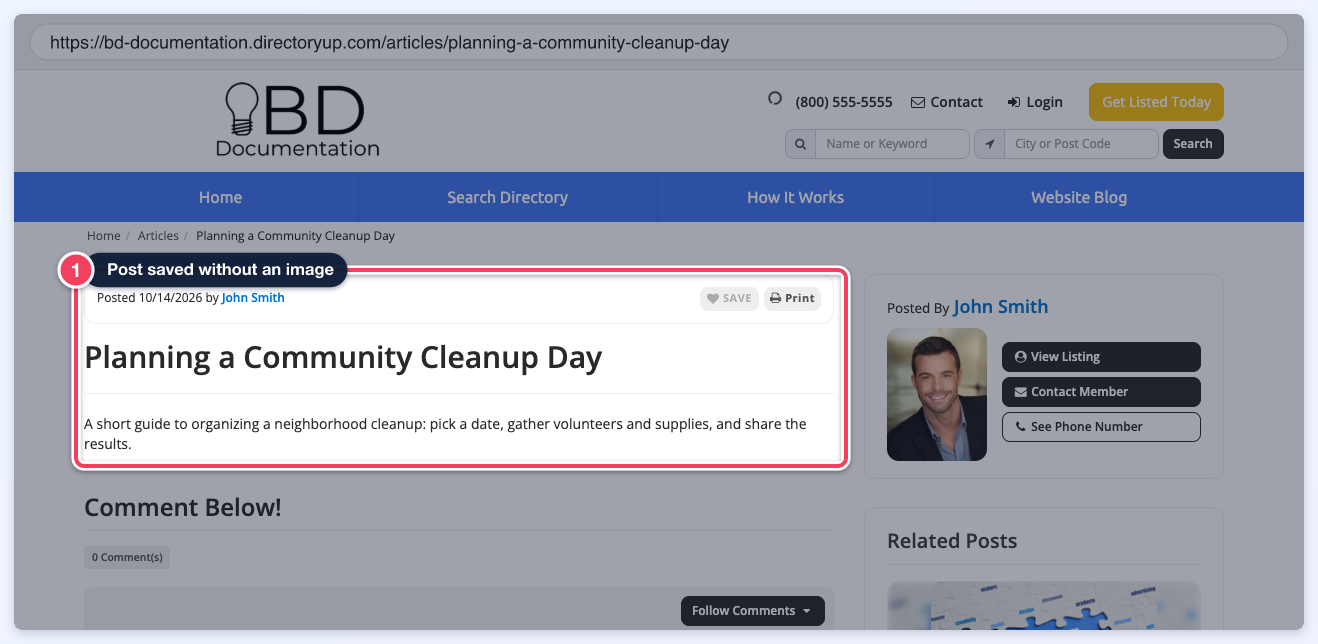 A front-end article page titled Planning a Community Cleanup Day that has no post image, highlighted.