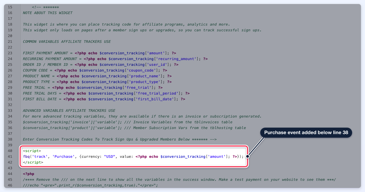The widget code with a Meta Pixel Purchase script using the amount variable added on lines 40 to 42, below the line 38 comment, highlighted.
