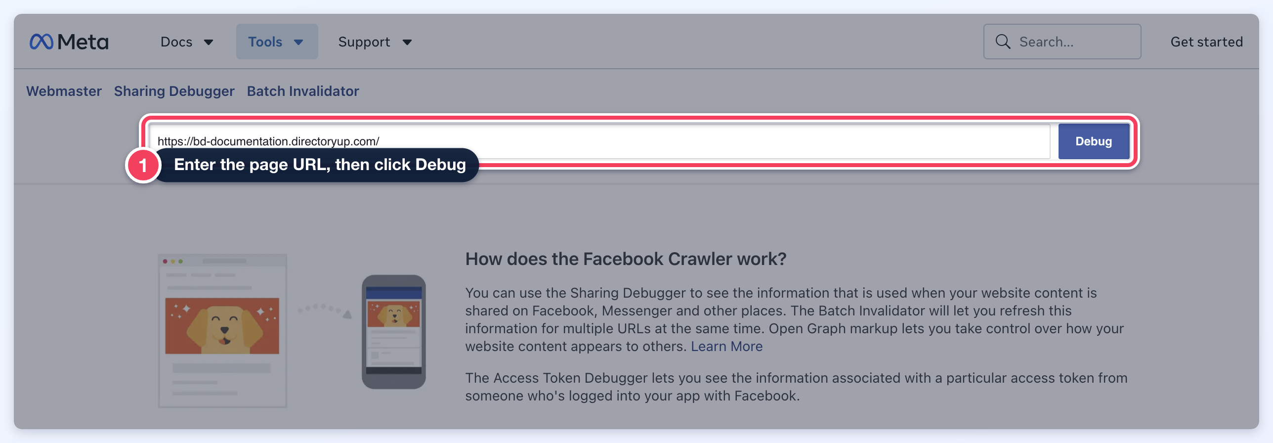 Facebook's Sharing Debugger with the site's page URL entered and the Debug button highlighted.