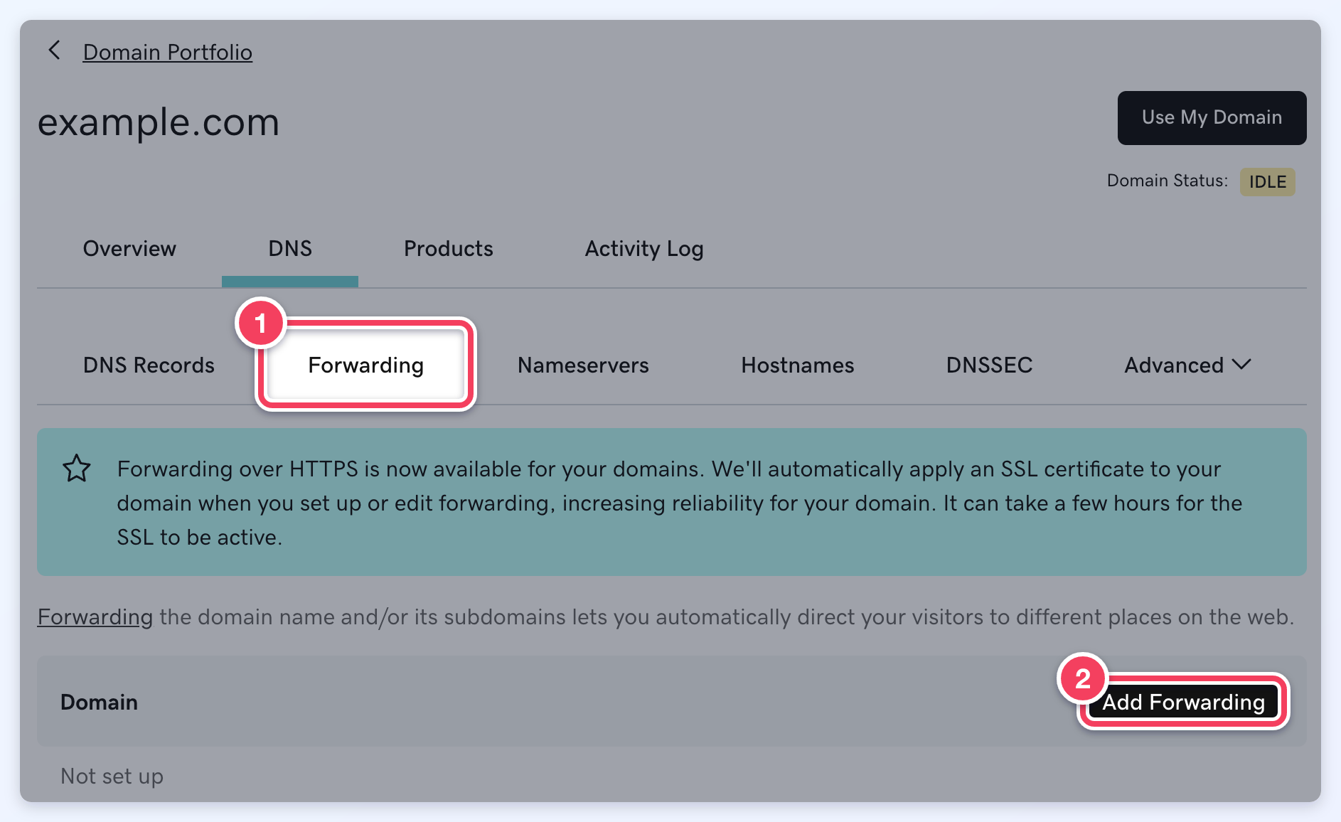 GoDaddy's DNS settings for example.com with the Forwarding tab and the Domain section's Add Forwarding button highlighted.