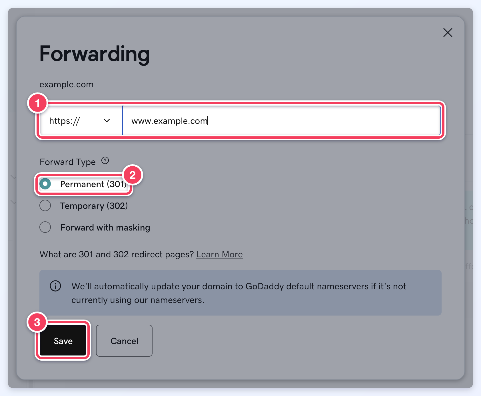 GoDaddy's Forwarding dialog with https:// and www.example.com entered, Permanent (301) selected, and the Save button highlighted.