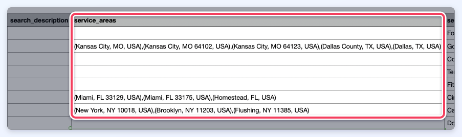 The exported member CSV open in a spreadsheet, with the service_areas column showing each member's service areas in parentheses, separated by commas.