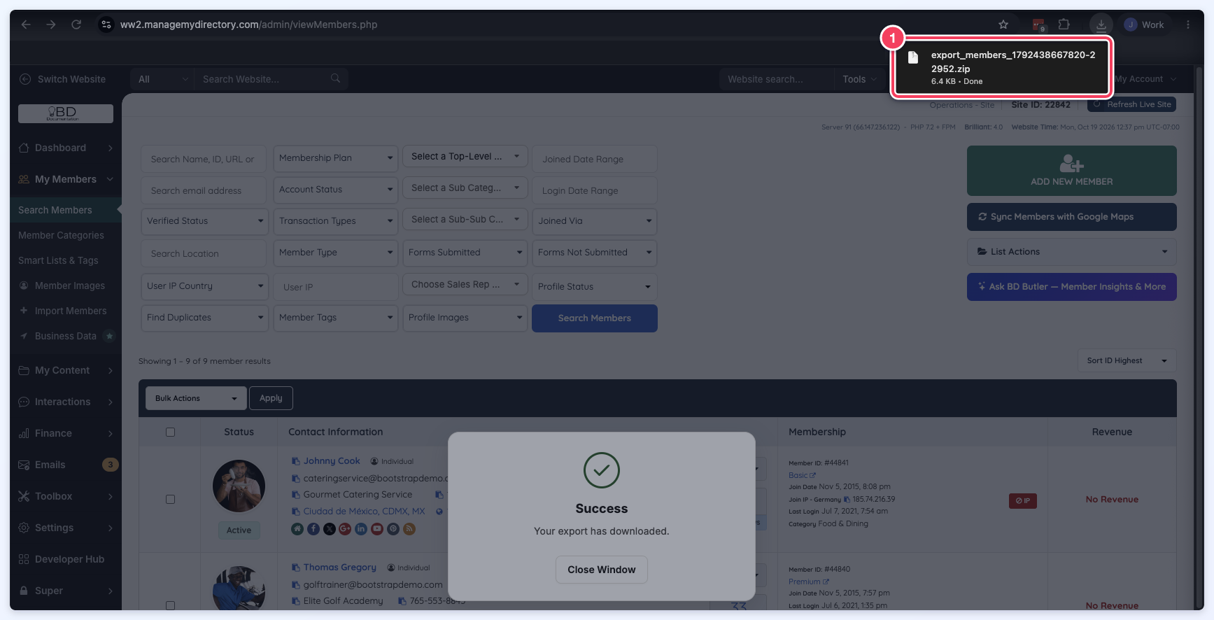The Success pop-up after a member export, with Chrome's downloads list showing the export_members zip file.