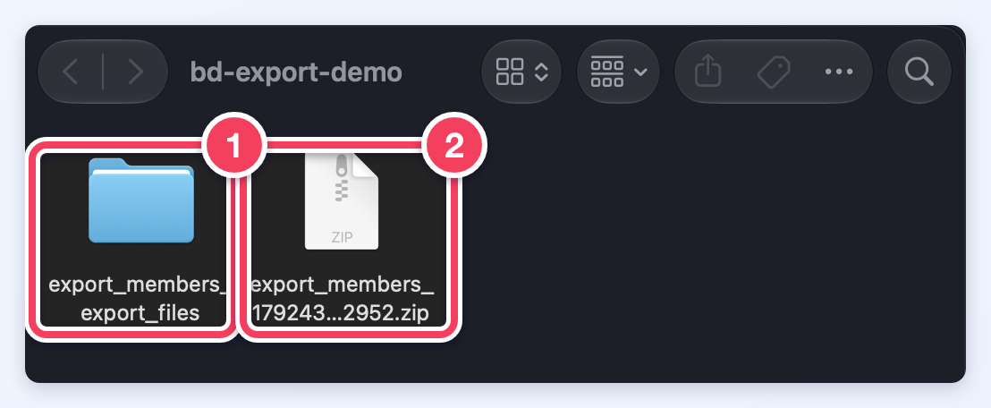 A Mac Finder window with the downloaded export_members zip file and the export_members_export_files folder it unzips to.