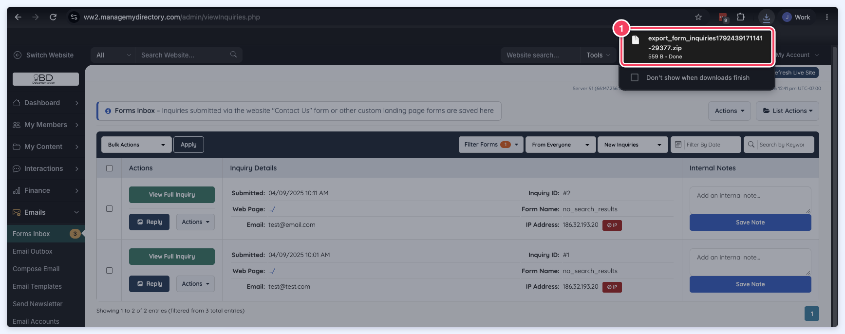 Forms Inbox after an export, with Chrome's downloads list showing the export_form_inquiries zip file.