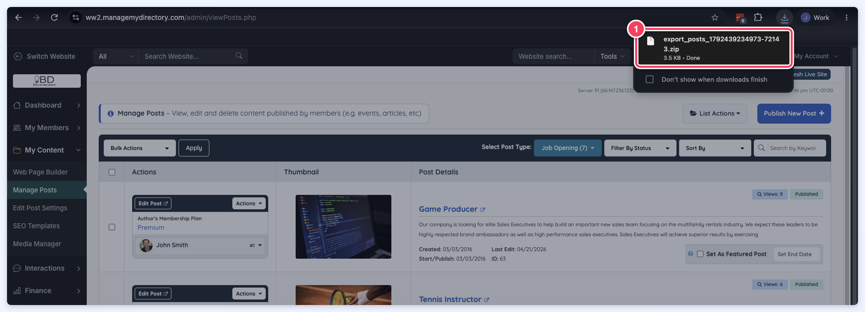 Manage Posts after an export, with Chrome's downloads list showing the export_posts zip file.
