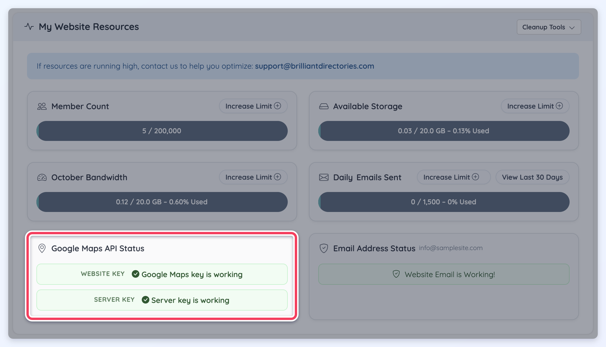 The My Website Resources module with the Google Maps API Status card highlighted, showing its Website key and Server key rows.