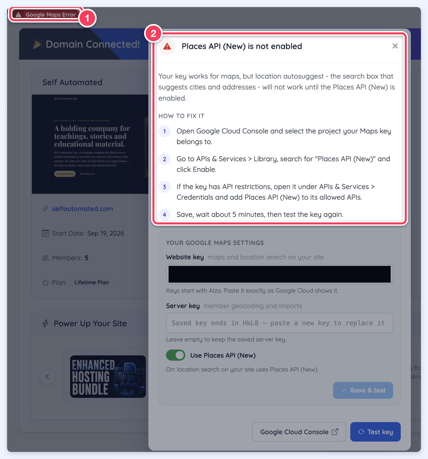 The red Google Maps Error button at the top of the admin, and the window it opens reading Places API (New) is not enabled, with the steps to enable it.