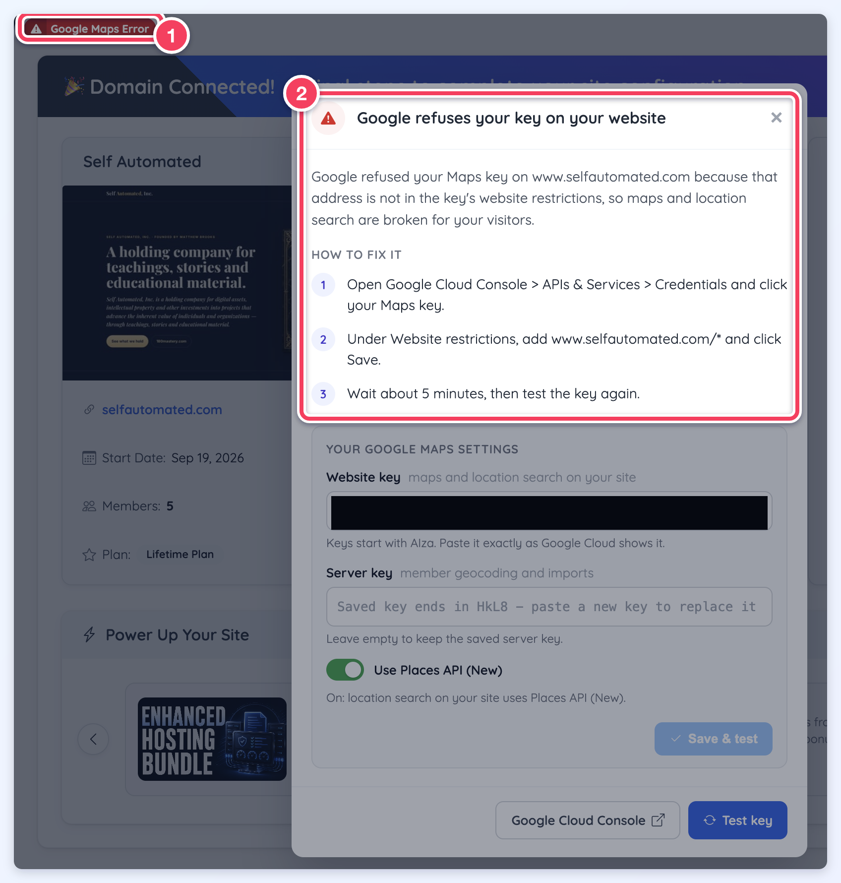 The red Google Maps Error button at the top of the admin, and the window it opens reading Google refuses your key on your website, with the steps to add the site to the key's website restrictions.