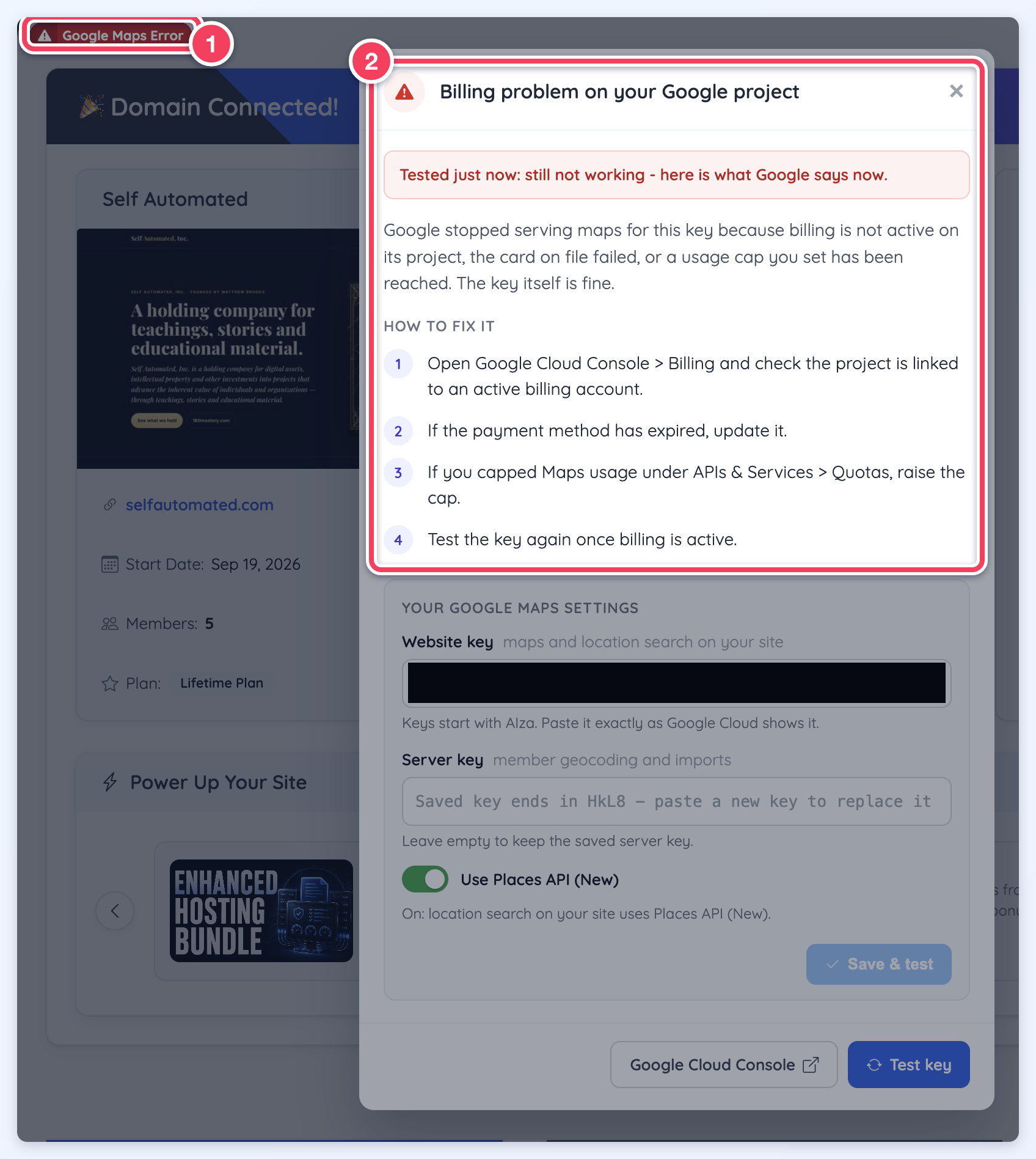 The red Google Maps Error button at the top of the admin, and the window it opens reading Billing problem on your Google project, with the steps to check billing in Google Cloud.