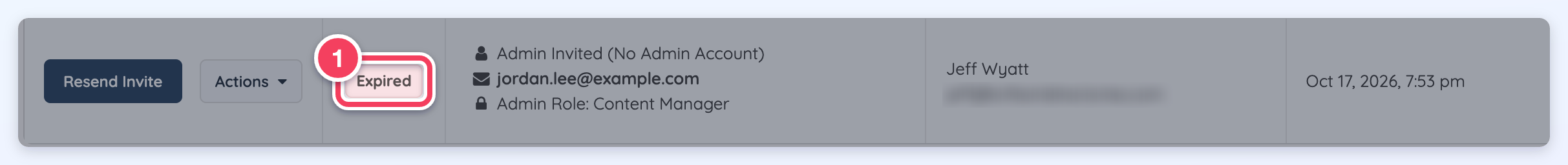 An admin invitation in the Pending Admin Invites list with its Expired status marked (1).