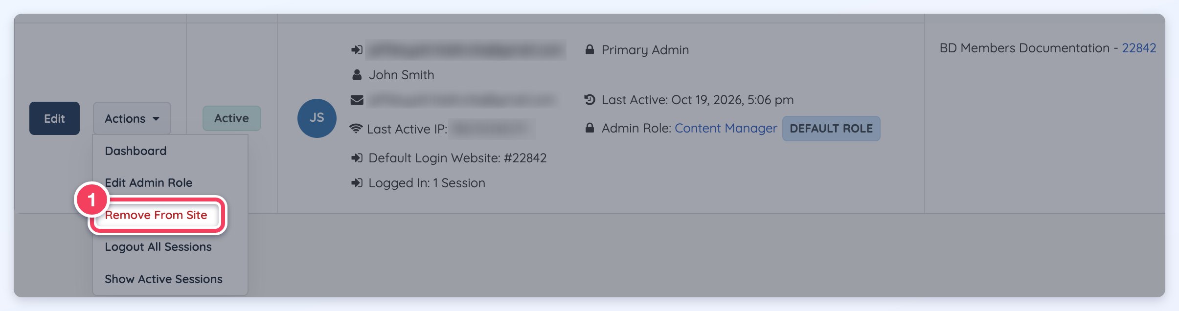 An admin account row with its Actions menu open and Remove From Site marked (1).