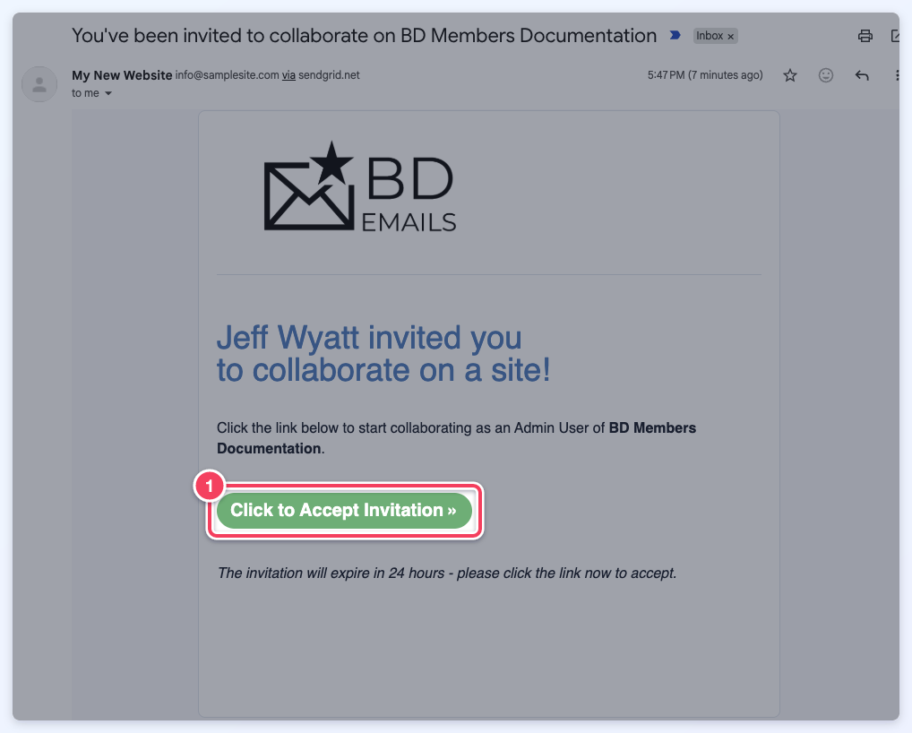 The admin invitation email with the Click to Accept Invitation button marked (1).