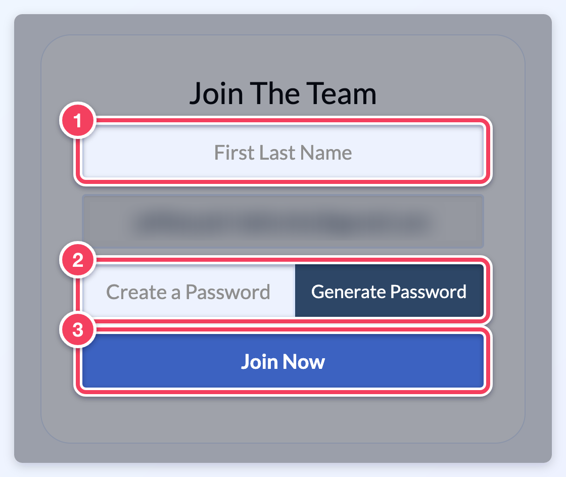 The Join The Team page with the name field (1), the password field and Generate Password button (2), and the Join Now button (3) marked.