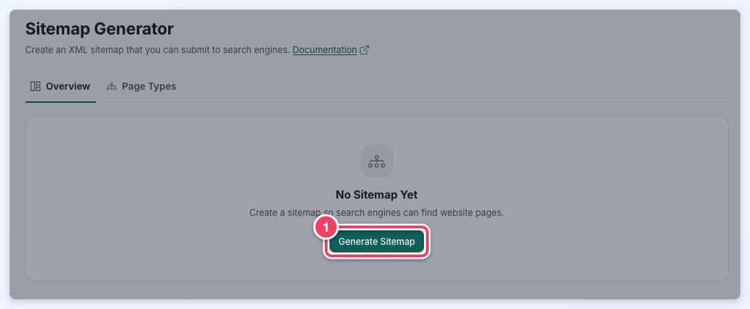 The Sitemap Generator Overview tab on a website with no sitemap yet, with the Generate Sitemap button marked (1).