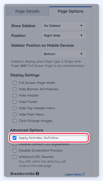 The Page Options tab of a web page with Apply NoIndex, NoFollow checked under Advanced Options.