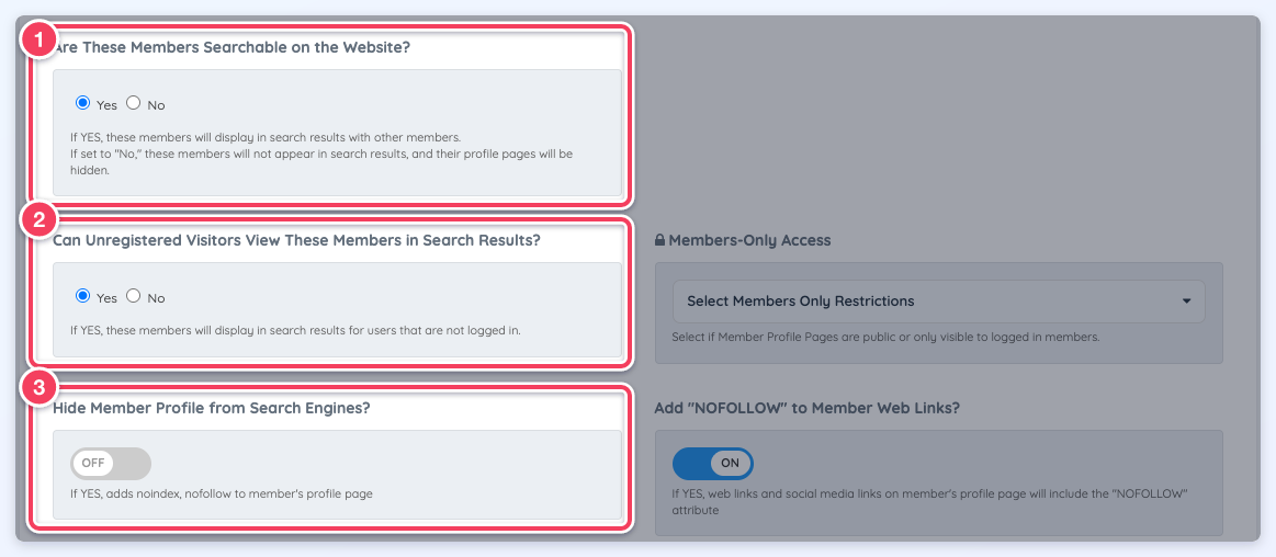 The Search Visibility tab of a membership plan with Are These Members Searchable on the Website (1), Can Unregistered Visitors View These Members in Search Results (2) and Hide Member Profile from Search Engines (3) marked.