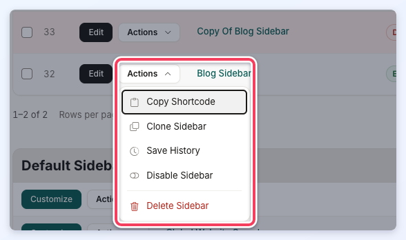 The Actions menu of a custom sidebar listing Copy Shortcode, Clone Sidebar, Save History, Disable Sidebar and Delete Sidebar.