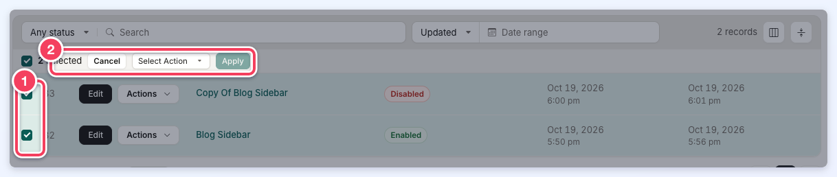 Two custom sidebars selected with their checkboxes (1) and the bar showing 2 selected, Cancel, Select Action and Apply (2).