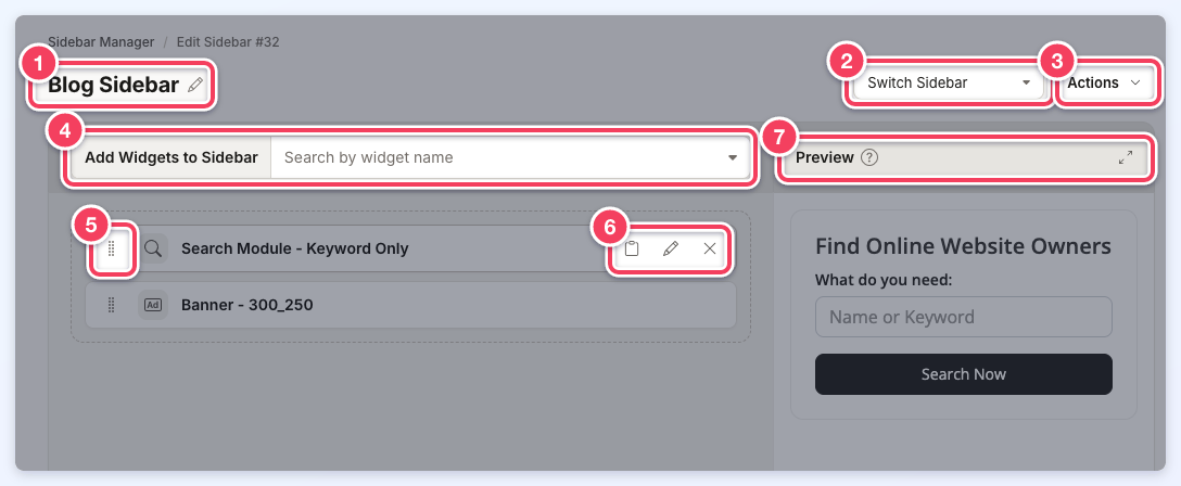 The sidebar editor with the sidebar name (1), Switch Sidebar (2), Actions (3), Add Widgets to Sidebar (4), a widget's drag handle (5), its copy, edit and remove icons (6), and the Preview heading with its enlarge icon (7).