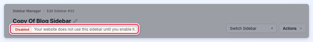 A disabled custom sidebar showing the Disabled label and the note that the website does not use it until it is enabled.