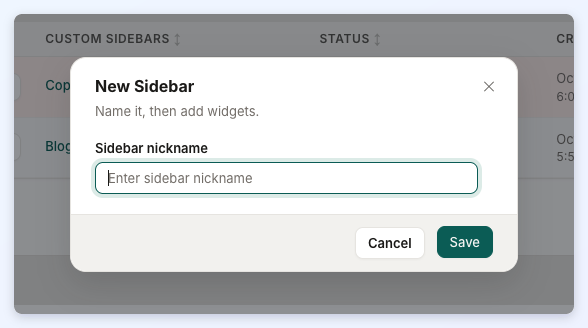 The New Sidebar window with the Sidebar nickname field and the Cancel and Save buttons.