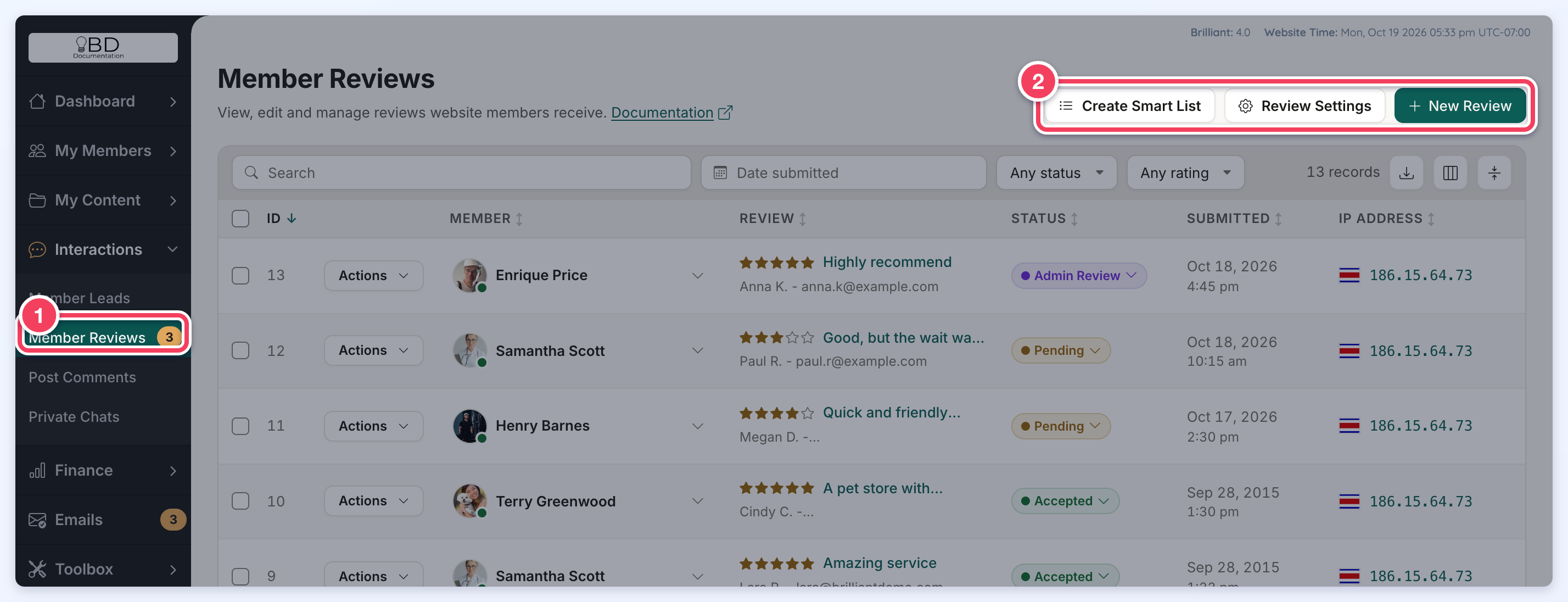 Member Reviews page with the Member Reviews menu item and its count of reviews waiting for a decision (1) and the Create Smart List, Review Settings and New Review buttons (2).