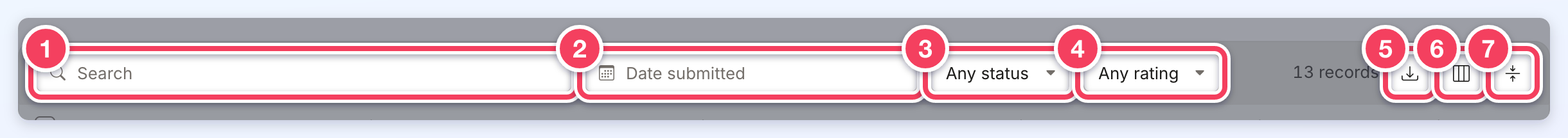 The bar above the reviews list numbered 1 to 7: Search, Date submitted, Review Status, Overall rating, Export CSV, Show or hide columns and Compact rows.
