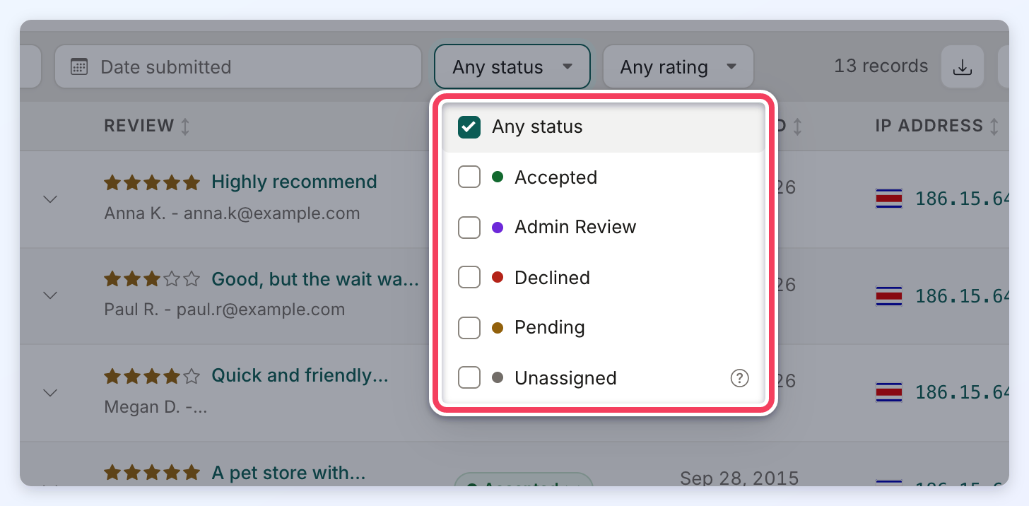 The Review Status filter open with Any status, Accepted, Admin Review, Declined, Pending and Unassigned.