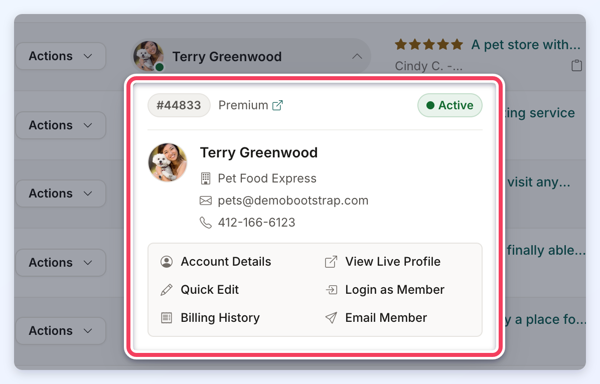 The member card opened from the Member column, with the member ID, plan, status, contact details and quick links.