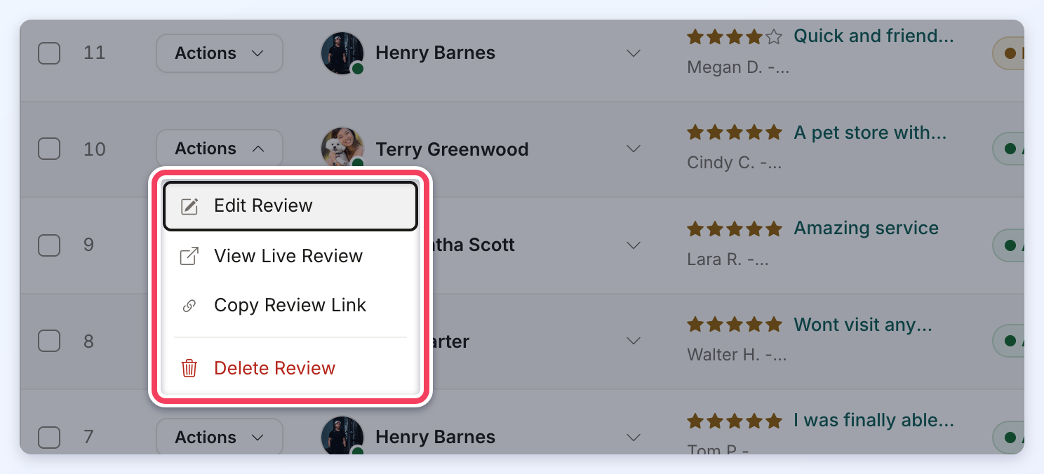 A review row Actions menu open with Edit Review, View Live Review, Copy Review Link and Delete Review.