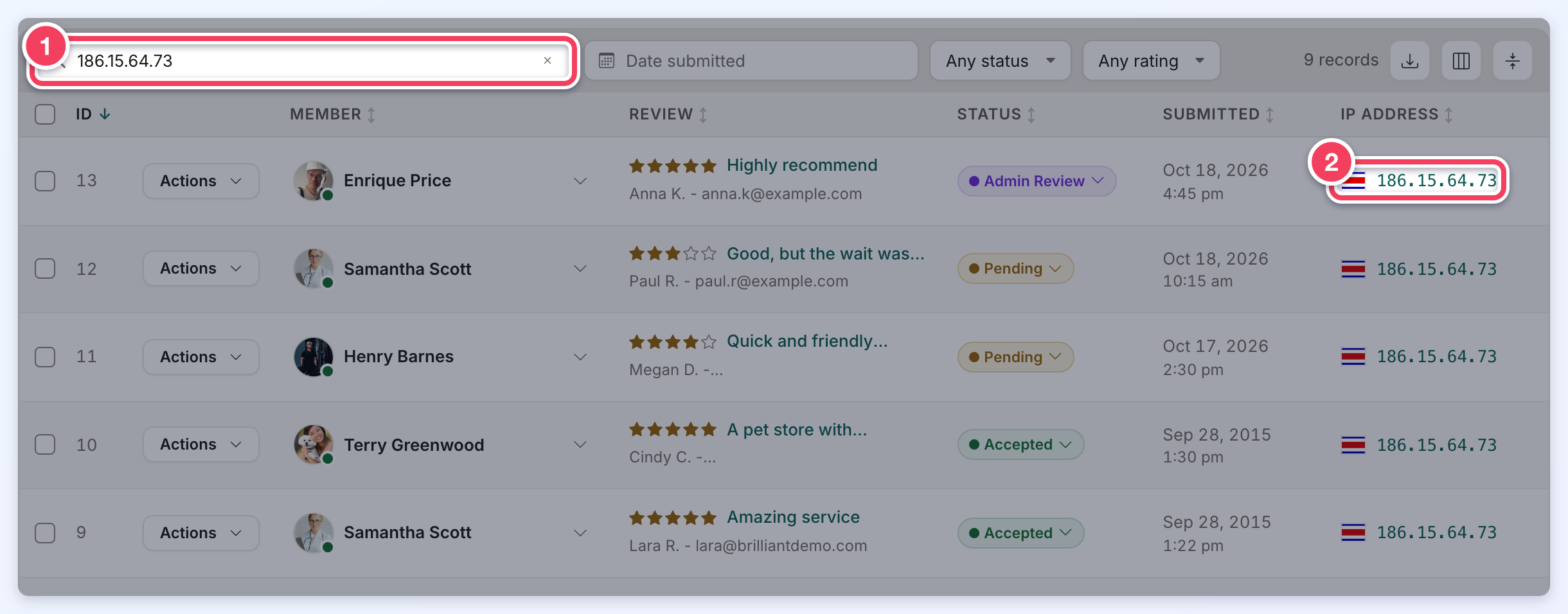 After clicking an IP address, the search box holds that address (1) and the list shows every review sent from it (2).