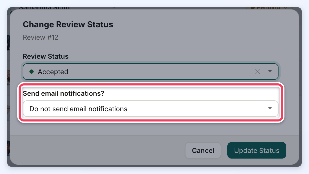 Change Review Status window with Accepted selected and the Send email notifications? choice highlighted.