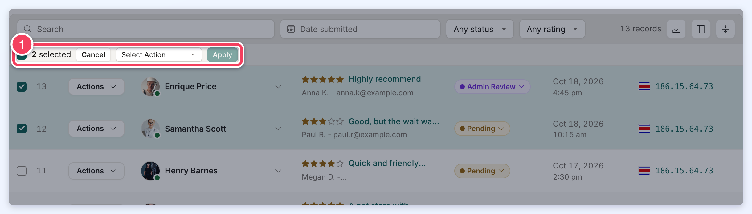 Two reviews selected, with the bar showing 2 selected, Cancel, Select Action and Apply highlighted.