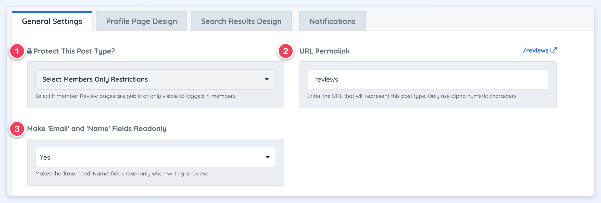 General Settings tab of the review settings with Protect This Post Type?, URL Permalink and Make Email and Name Fields Readonly numbered 1 to 3.