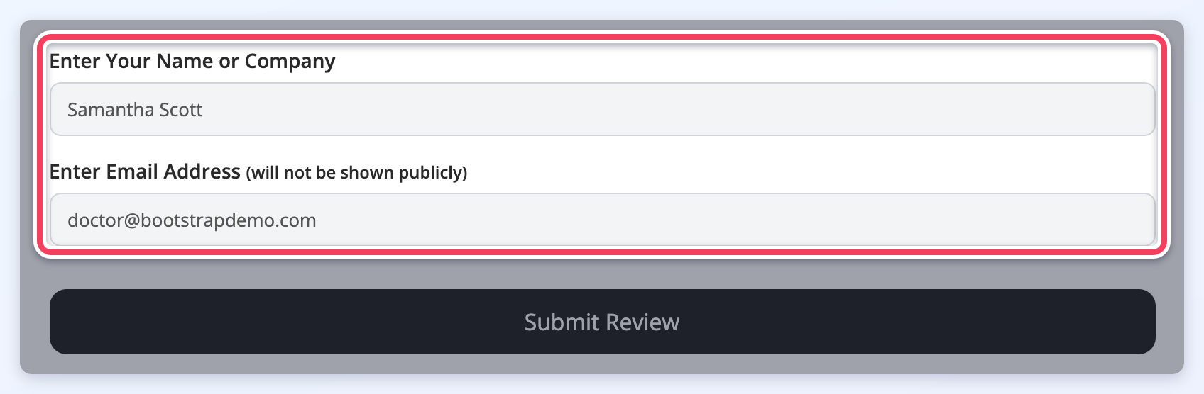 Review form for a logged-in member with the name and email fields filled in and read-only.