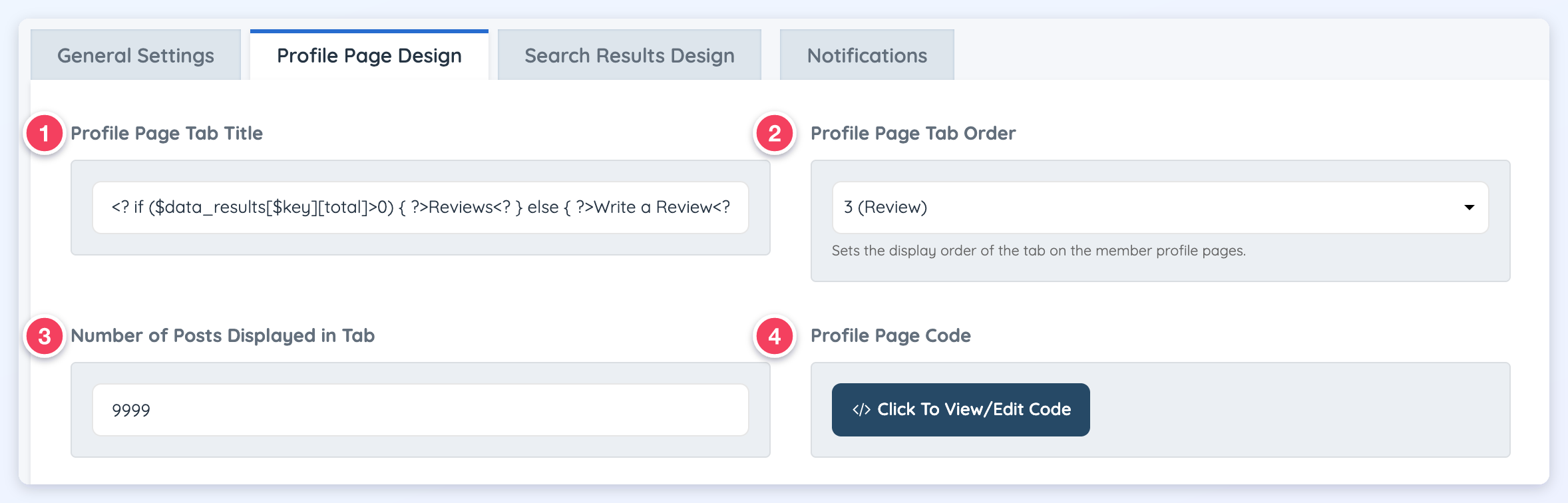 Profile Page Design tab with Profile Page Tab Title, Profile Page Tab Order, Number of Posts Displayed in Tab and Profile Page Code numbered 1 to 4.