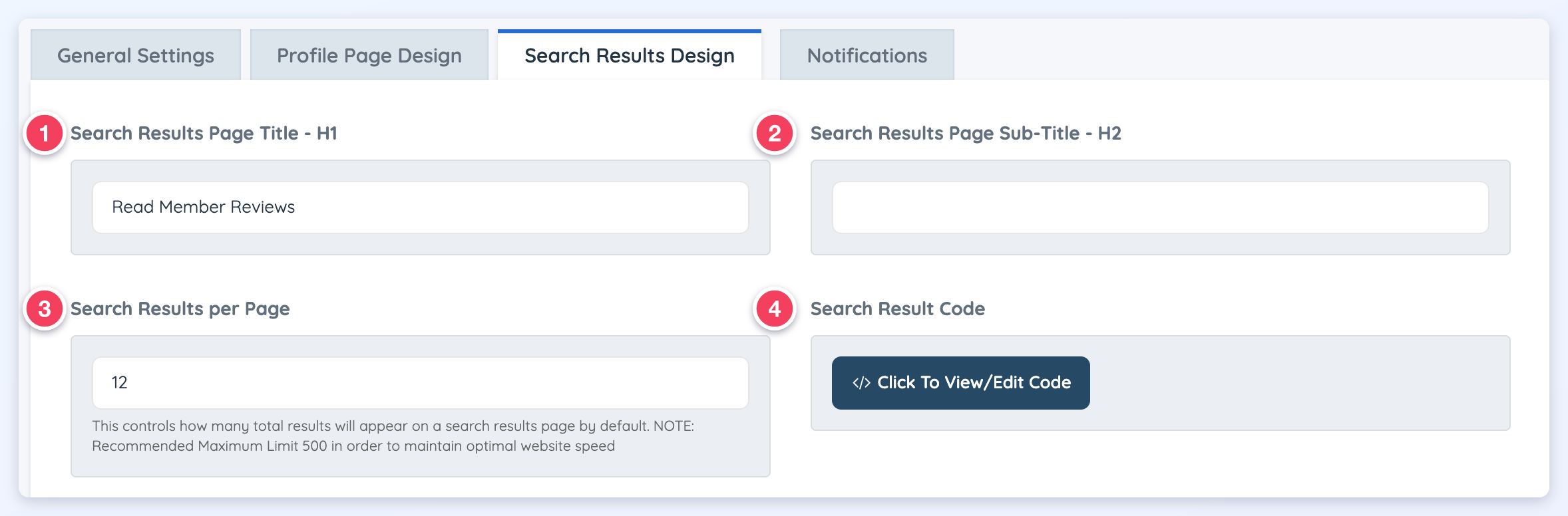 Search Results Design tab with the page title, sub-title, results per page and search result code numbered 1 to 4.